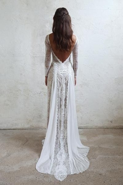 35 Boho νυφικα¨Δαντέλα μακρύ μανίκι Boho Chic φόρεμα με ανοιχτή πλάτη