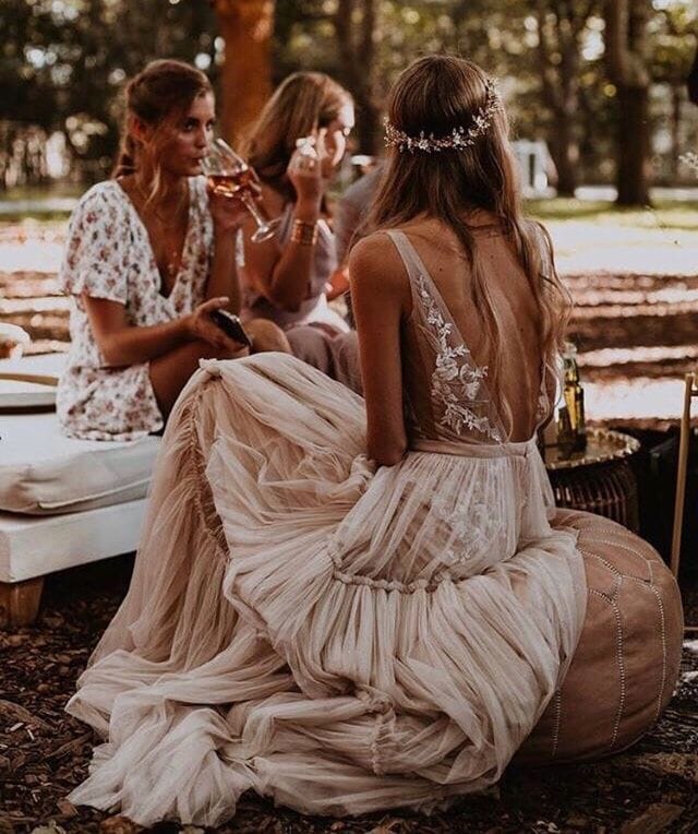 35 Boho νυφικα¨Boho Chic φόρεμα με δαντέλα μπεζ ροζ