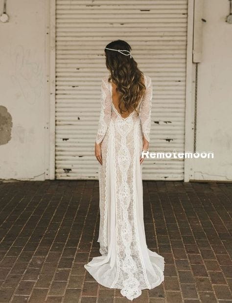 35 Boho νυφικα: Vintage Lace Boho φόρεμα Μακριά μανίκια Backless, καλοκαιρινές ιδέες φορεματα για γάμο