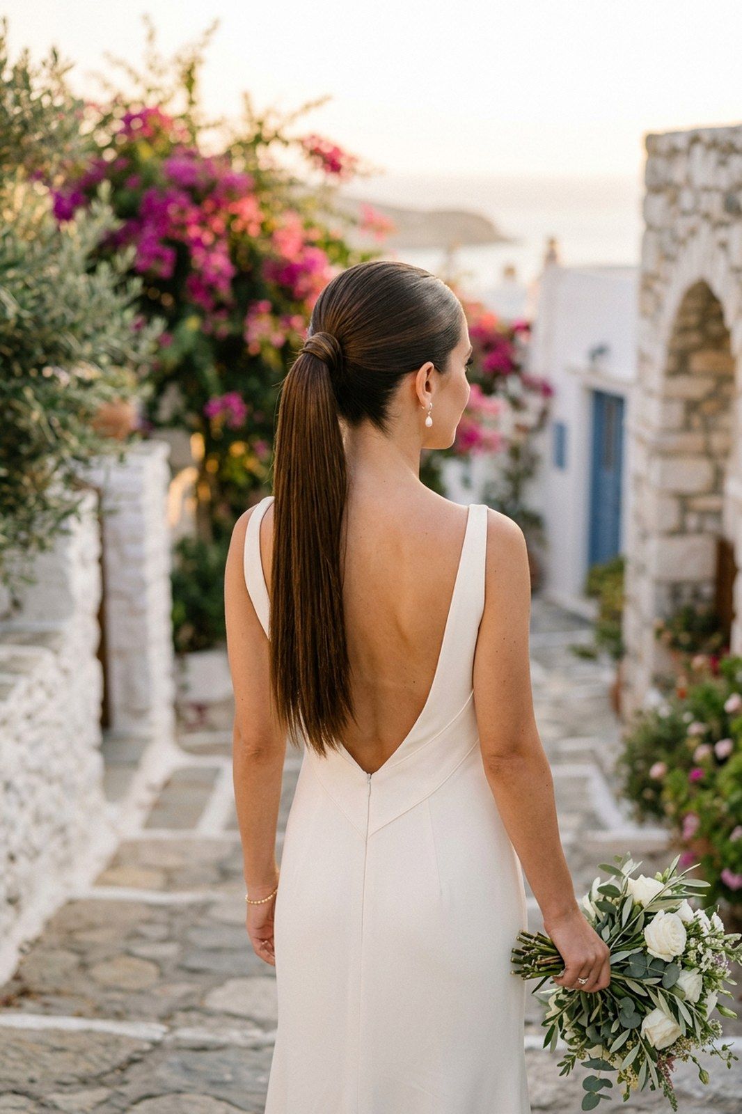 Νύφη με λεία αλογοουρά σε ίσια μαλλιά, εξώπλατο νυφικό και ανθοδέσμη σε νησιώτικο σοκάκι