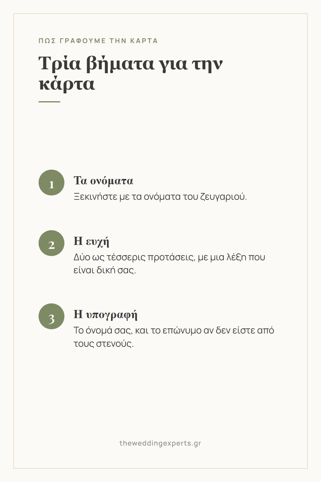 Κάρτα με τα τρία βήματα για να γράψετε μια κάρτα με ευχές για γάμο, ονόματα, ευχή και υπογραφή