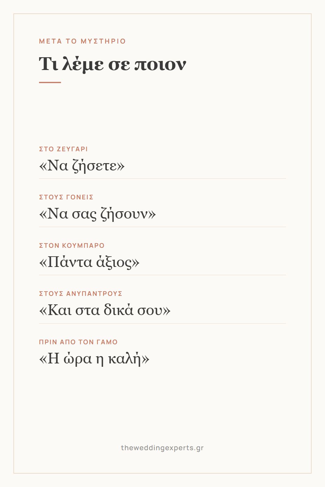 Κάρτα με το τι λέμε σε ποιον σε έναν ελληνικό γάμο, να ζήσετε, να σας ζήσουν, πάντα άξιος, και στα δικά σου, η ώρα η καλή