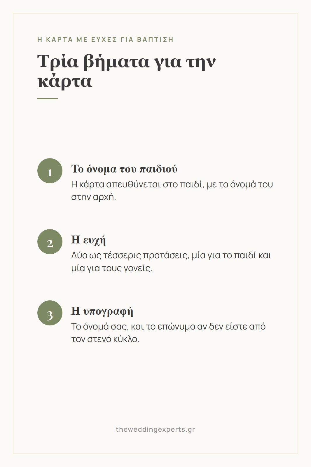 Κάρτα με τα τρία βήματα για να γράψετε μια κάρτα με ευχές για βάπτιση, όνομα του παιδιού, ευχή και υπογραφή